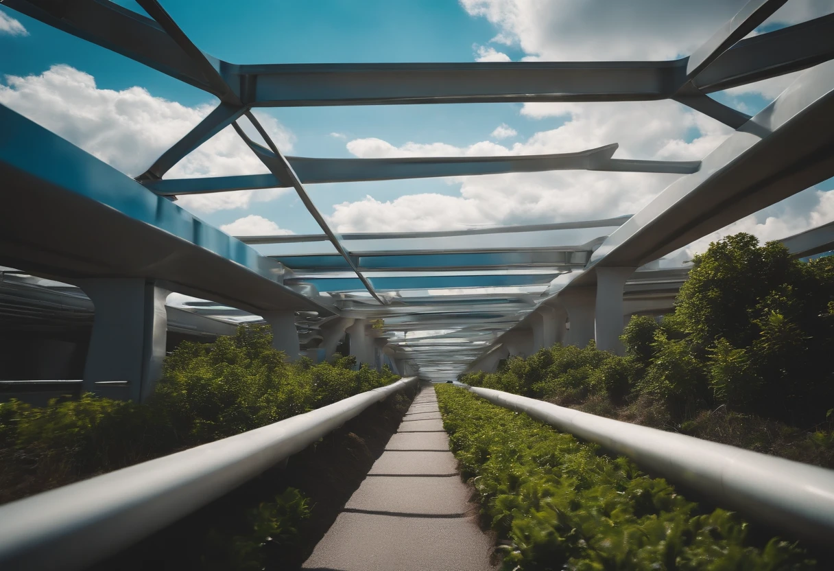The city of the future,a plant,overpass,oases,with blue sky and white clouds,Multi-element,Lots of detail