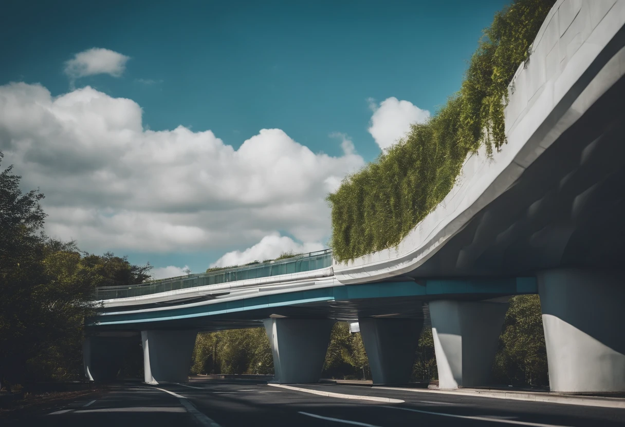 The city of the future,a plant,overpass,oases,with blue sky and white clouds,Multi-element,Lots of detail