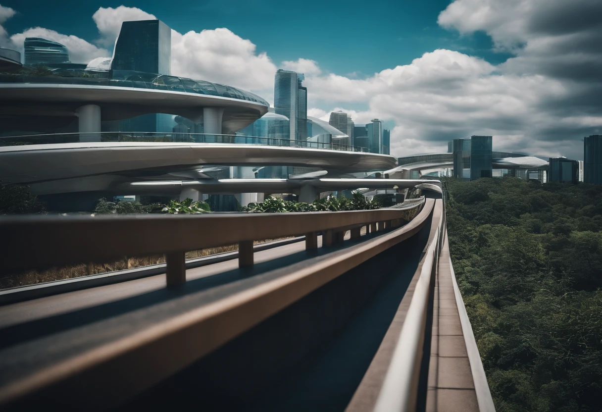 The city of the future,a plant,overpass,oases,with blue sky and white clouds,Multi-element,Lots of detail