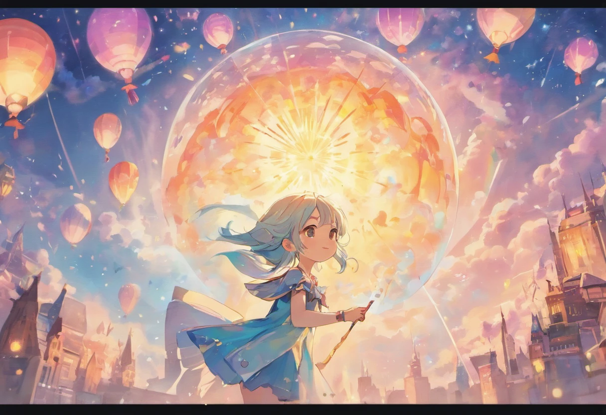 Depict the world through the eyes of a baby：1.5，tiara crown、Hydrogen balloons、Runway circles and clouds，Artistic sense、Beauty Feeling、Futuristic，succinct、Childlike、The tones are pastel，softness，lithe、freely
Think back to your childhood，Have you ever had such a wish？？？？？？??sudden，a door opened，You walk in，A magical light begins to envelop your surroundings, Another imaginative fantasy world。Put on your crown，Become an adventurous elf，Carry a hydrogen balloon that symbolizes freedom, In a world full of extraordinary imagination, Everything may not conform to the laws of physics，But everything is even more incredible。Clouds are candies sold at Sky Grocery stores，Meteors are fireworks released by Santa Claus，Run along the runway，The wind will also give way to you