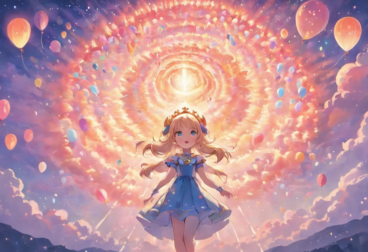 Depict the world through the eyes of a :1.5,tiara crown、Hydrogen balloons、Runway circles and clouds,Artistic sense、Beauty Feeling、Futuristic,succinct、Childlike、The tones are pastel,softness,lithe、freely
Think back to your childhood,Have you ever had such a wish????????sudden,a door opened,You walk in,A magical light begins to envelop your surroundings, Another imaginative fantasy world。Put on your crown,Become an adventurous elf,Carry a hydrogen balloon that symbolizes freedom, In a world full of extraordinary imagination, Everything may not conform to the laws of physics,But everything is even more incredible。Clouds are candies sold at Sky Grocery stores,Meteors are fireworks released by Santa Claus,Run along the runway,The wind will also give way to you