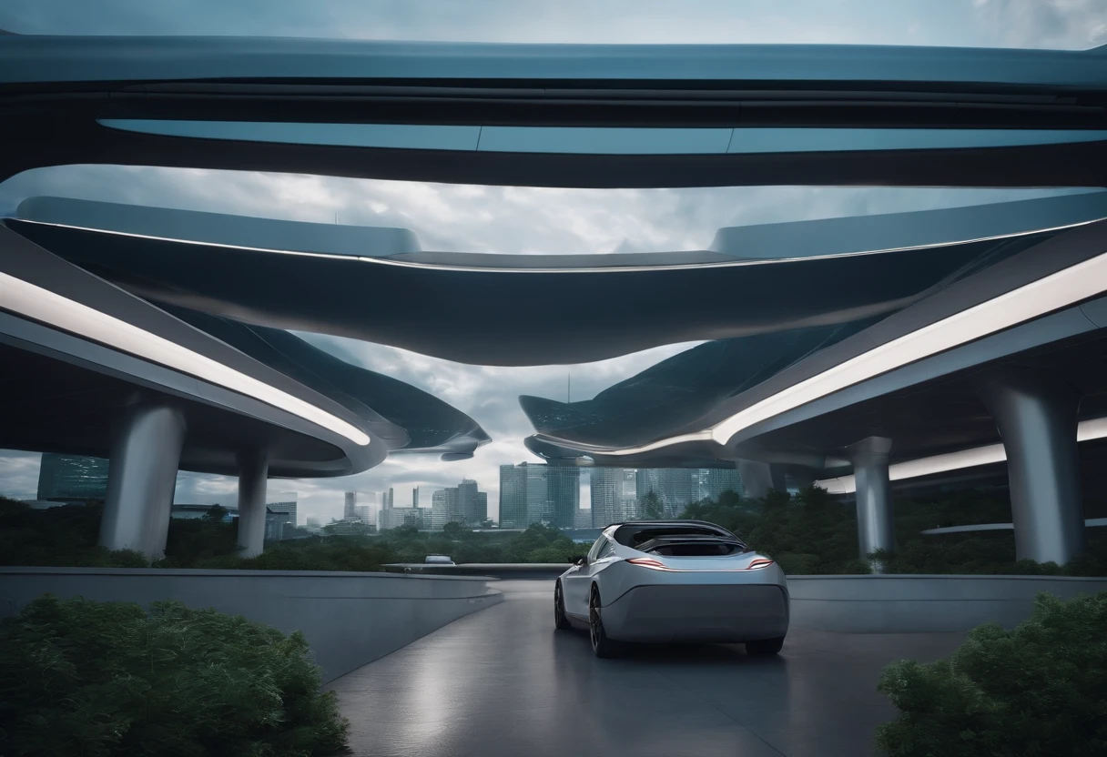 The city of the future,a plant,overpass,oases,with blue sky and white clouds,Multi-element,Lots of detail,Super sci-fi