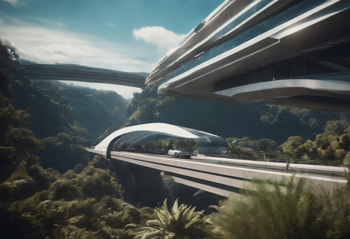 The city of the future，a plant，overpass，oases，with blue sky and white clouds，Multi-element，Lots of detail，Super sci-fi