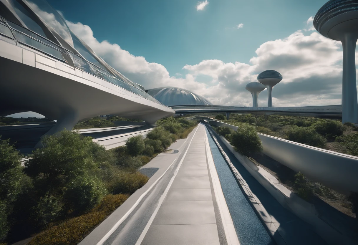 The city of the future,a plant,overpass,oases,with blue sky and white clouds,Multi-element,Lots of detail,Super sci-fi