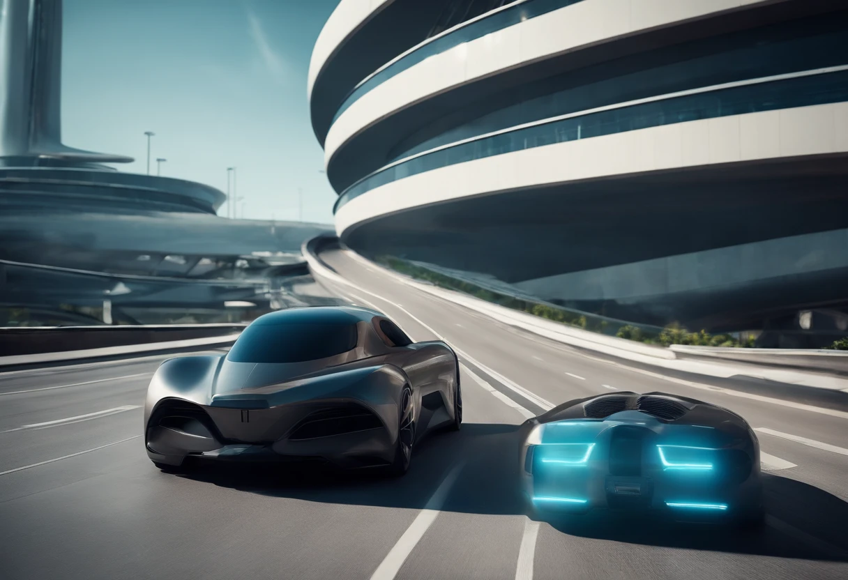 The city of the future,a plant,overpass,oases,with blue sky and white clouds,Multi-element,Lots of detail,Super sci-fi,All kinds of sci-fi vehicles