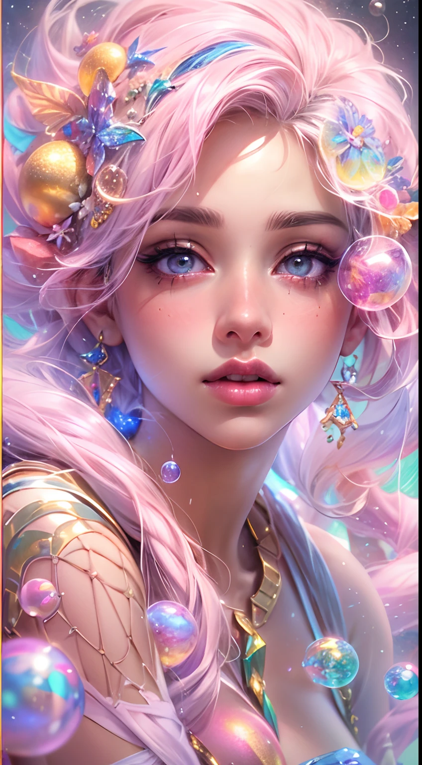 ((masterpiece)). This artwork is sweet, smile, dreamy and ethereal, with soft pink watercolor hues and candy accents. Generate a delicate and demure fae exploring a (bubblegum world with a wide variety of pastel shades). Her sweet face is extremely detailed and realistic with elegant features and a fierce expression, and looks like ((((naomi scott)))). Include mature features and stunning, highly realistic eyes. Her eyes are important and should be realistic, highly detailed, and beautiful. In high definition and detail, include lots of details like stars, galaxies, colorful bubbles, colorful petals, and lots of energy and emotion! The stars and colorful bubblegum bubbles are important! Include fantasy details, enhanced details, iridescence, colorful glittering wind, and pollen. Pay special attention to her face and make sure it is beautifully and realistically detailed. The image should be dreamy and ethereal.8k, intricate, elegant, highly detailed, majestic, digital photography