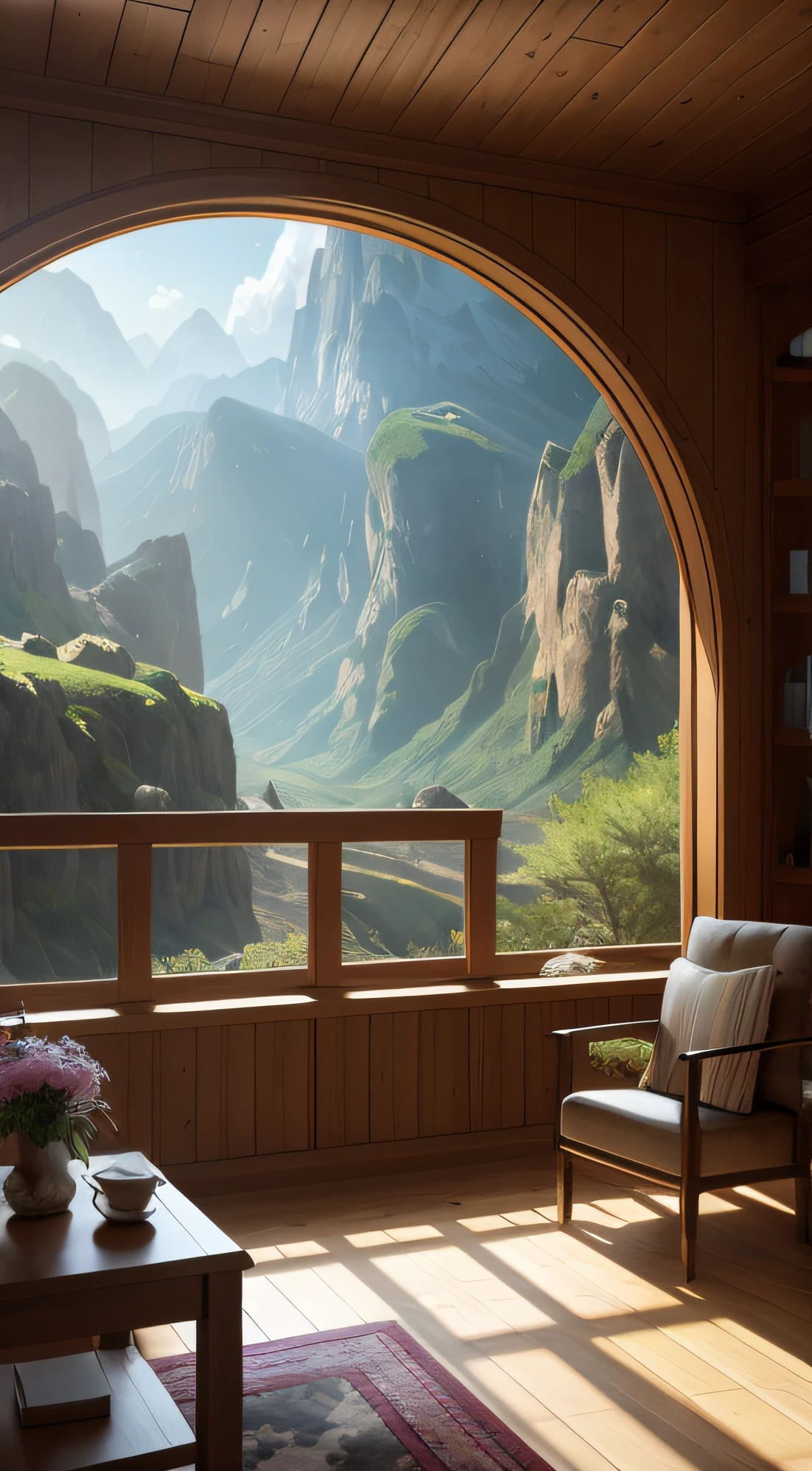 there is a view of a mountain range through a window, ultrarealistic matte painting, photorealistic matte painting, overlooking a valley, 3d rendered matte painting, realistic fantasy render, beautiful render of a landscape, matte painting unreal engine, detailed scenery, stunning scenery, detailed scenic view, rendered in unreal 5, matte painting v ray, detailed scenery —width 672