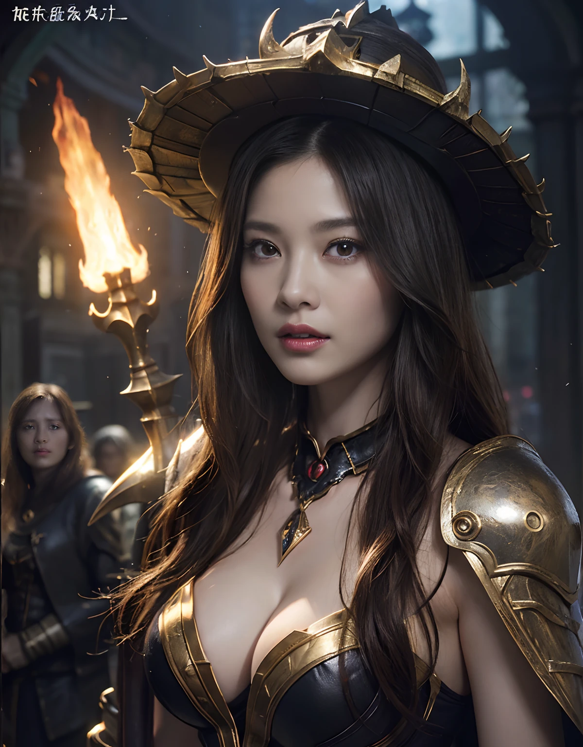 (One Knight Girl)、top-quality、​masterpiece、超A high resolution、(Photorealsitic:1.4)、Raw photo、1人、（Wear the Dark Knight's Armor）、glowy skin、(Random hair),(((Dark Fantasy)))、Fight with beautiful swords and shields、(((Mystical expression))),(((Have a gorgeous and long magic wand))),（Gorgeous gold metal body）、(Fight goblins、ogre、Fierce battle with orcs),（Fighting strong enemies）、Fight fiercely、(Background of decaying dungeon ruins)、（Ultimate Beauty）、（Detailed knight's hel）、(Fighting Demonic Beasts)、(Wizard Hat)、((super realistic details))、portlate、(Strong giant demon beast background),globalillumination、Shadow、octan render、8K、ultrasharp、Colossal tits、Raw skin is exposed in cleavage、metals、Details of complex ornaments、Japan details、highly intricate detail、Realistic light、(Mystical expression),CGSoation Trends、Red Eyes、radiant eyes、Facing the camera)、Gundamall LED、Toostock、（Background of the mutation）、（Attack of the Monster Beasts）、Ultimate Beauty、beautiful female knight、Wear colorful armor、Detailed sword、（Wearing legendary armor）、