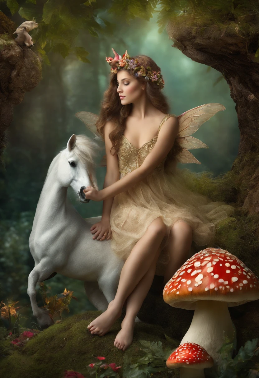 FAIRY WITH A UNICORN NEXT TO MUSHROOM