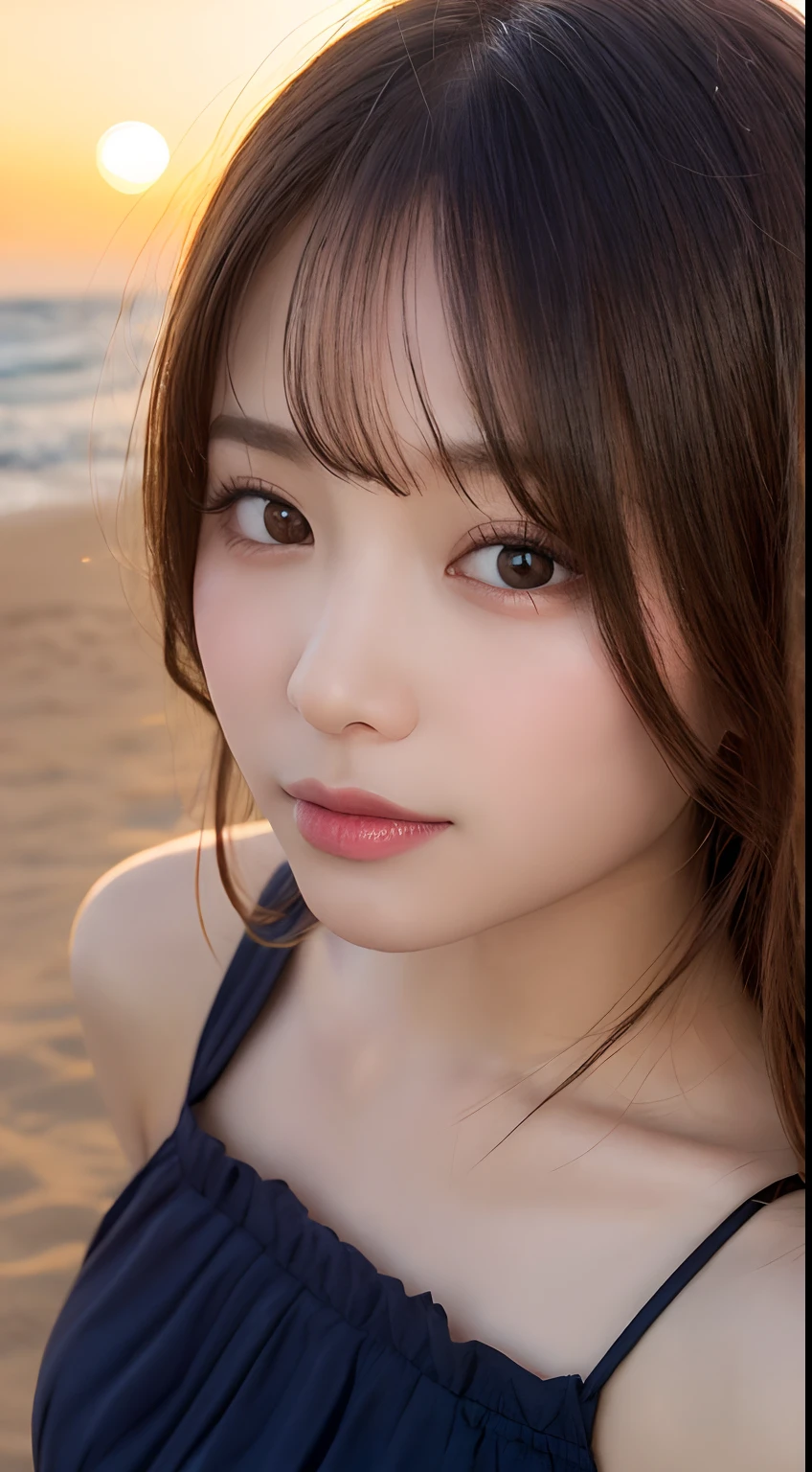 highest quality, shape, Super detailed, finely, High resolution, 8k wallpaper, 完璧なダイナミックな構shape, beautiful and detailed eyes, bikini,medium hair,small breasts natural color lip、20 year old girl、cute、sexy shot looking at camera、summer、Transparency、Face of sadness、beach、Showing off cleavage