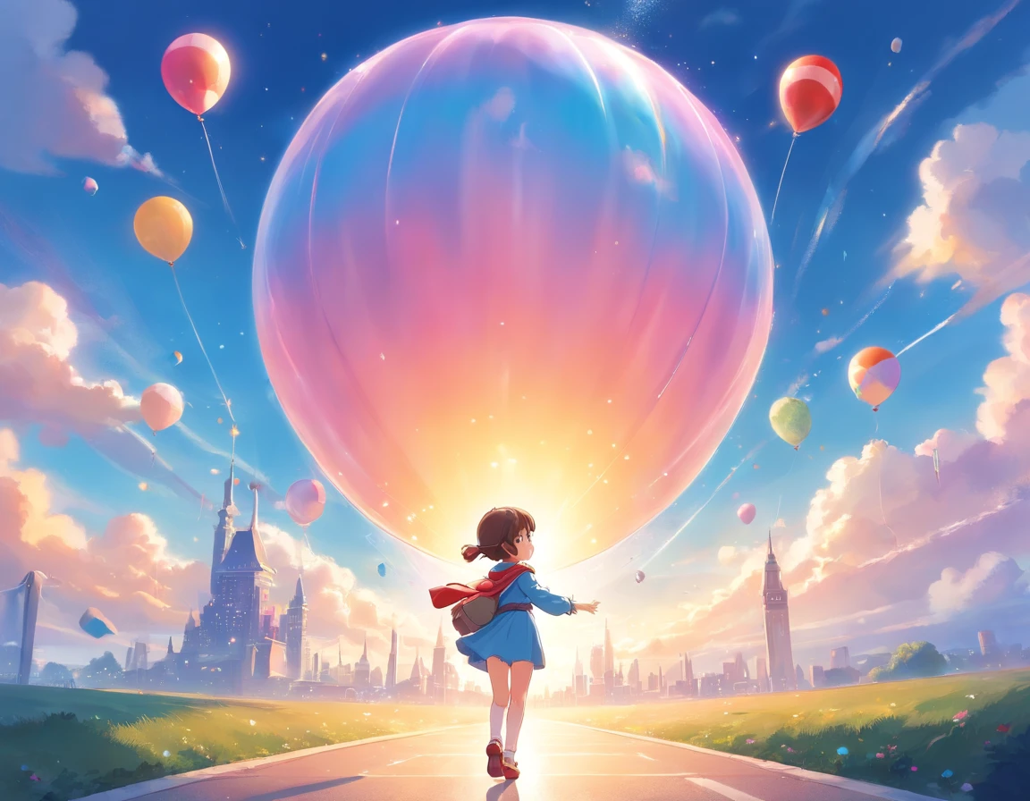 Depict the world through the eyes of a baby:1.5,tiara crown、Hydrogen balloons、Runway circles and clouds,Artistic sense、Beauty Feeling、Futuristic,succinct、Childlike、The tones are pastel,softness,lithe、freely
Think back to your childhood,Have you ever had such a wish??????????sudden,a door opened,You walk in,A magical light begins to envelop your surroundings, Another imaginative fantasy world。Put on your crown,Become an adventurous elf,Carry a hydrogen balloon that symbolizes freedom, In a world full of extraordinary imagination, Everything may not conform to the laws of physics,But everything is even more incredible。Clouds are candies sold at Sky Grocery stores,Meteors are fireworks released by Santa Claus,Run along the runway,The wind will also give way to you