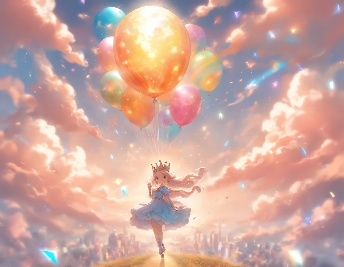 Depict the world through the eyes of a baby:1.5,tiara crown、Hydrogen balloons、Runway circles and clouds,Artistic sense、Beauty Feeling、Futuristic,succinct、Childlike、The tones are pastel,softness,lithe、freely
Think back to your childhood,Have you ever had such a wish???????????sudden,a door opened,You walk in,A magical light begins to envelop your surroundings, Another imaginative fantasy world。Put on your crown,Become an adventurous elf,Carry a hydrogen balloon that symbolizes freedom, In a world full of extraordinary imagination, Everything may not conform to the laws of physics,But everything is even more incredible。Clouds are candies sold at Sky Grocery stores,Meteors are fireworks released by Santa Claus,Run along the runway,The wind will also give way to you