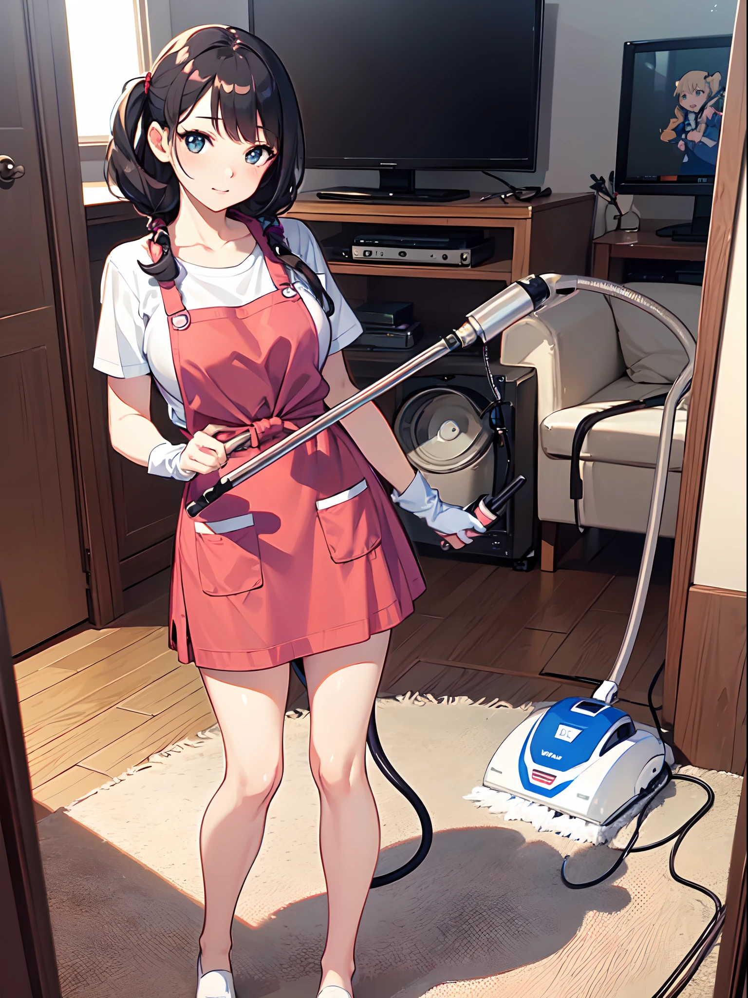 (masterpiece:1.4),ultra-detailed,(anime screencap:1.1),(sharp outline:1.3),(feet out of frame:1.0), ultra fine illustration, anime, anime gif, 1girl, solo, new wife, skinny, large breasts, lovely big anime eyes, kawaii face, random facial expressions, use style, (Using realistic vacuum cleaner:1.2), (vacuum cleaning the messy play room form:1.2), Shane eyes, white skin, t shirt, apron, middle skirt, no shoes, scattered toys, tv, shelf, carpet, front view, girl focus, loyal command, great composition, perfect style subject, depth of field,