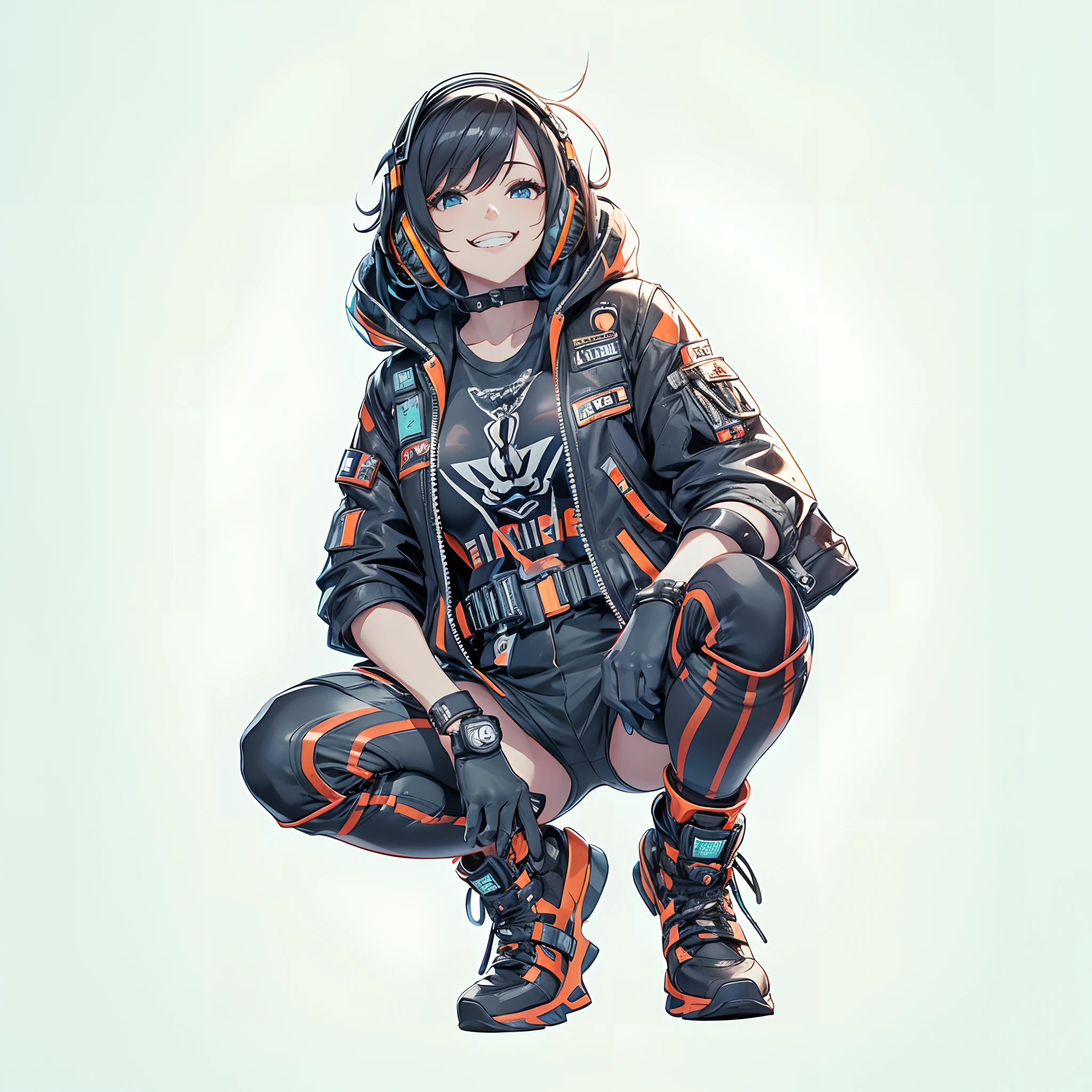 The ultra -The high-definition、Deformed、Game-like、Character description、pixels、(Big actress)、Nightmare、No background、Squatting alone、((Fancy ornaments))、short-hair、cyberpunked、mischievous grin、Rider Pants、Leather handbags、Wearing headphones、an orange