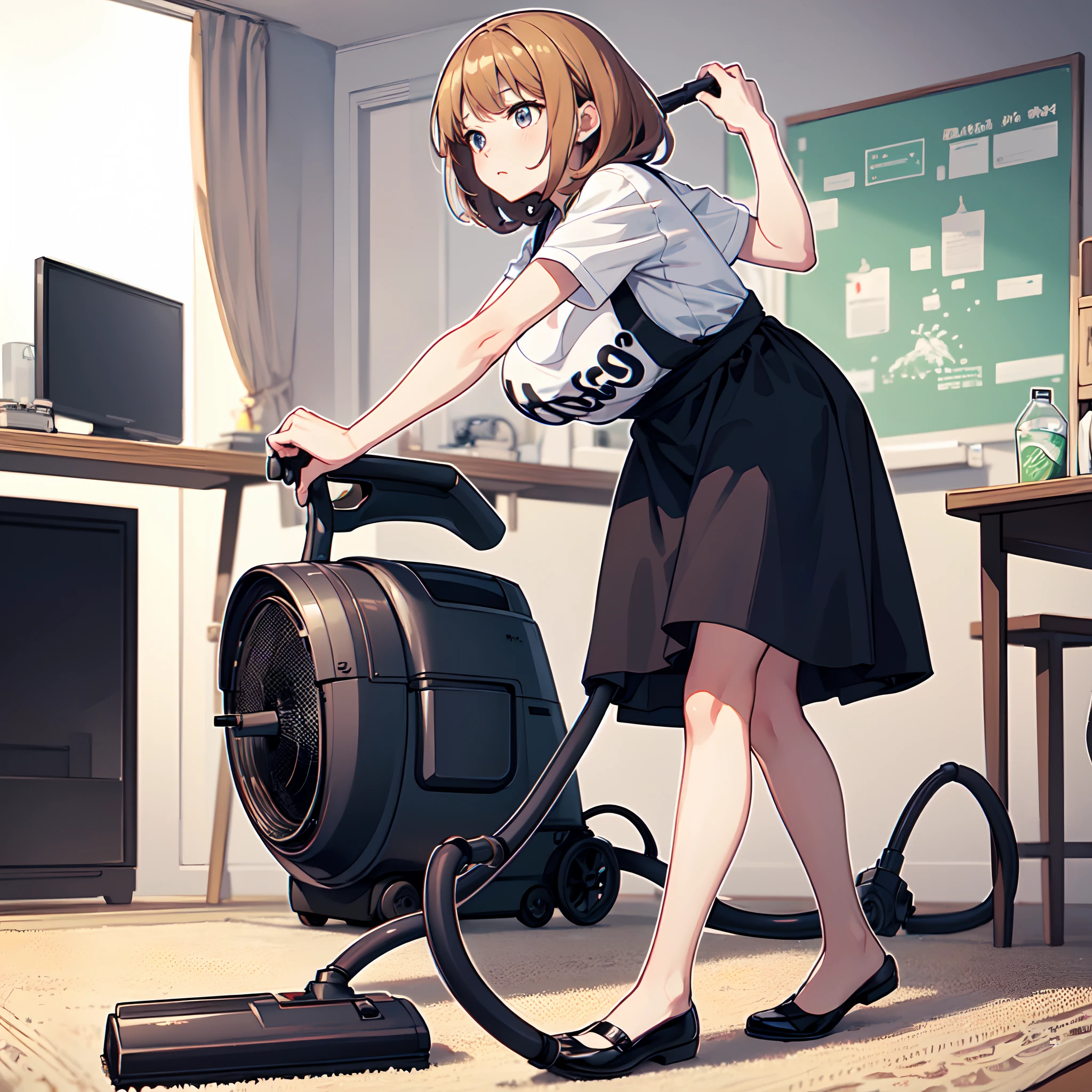 (masterpiece:1.4),ultra-detailed,(anime screencap:1.1),(sharp outline:1.3),(feet out of frame:1.0), ultra fine illustration, anime, anime gif, 1girl, solo, new wife, skinny, large breasts, lovely big anime eyes, kawaii face, random facial expressions, use style, (Using realistic vacuum cleaner:1.2), (vacuum cleaning the messy play room form:1.2), Shane eyes, white skin, t shirt, apron, middle skirt, no shoes, scattered toys, tv, shelf, carpet, front view, girl focus, loyal command, great composition, perfect style subject, depth of field,