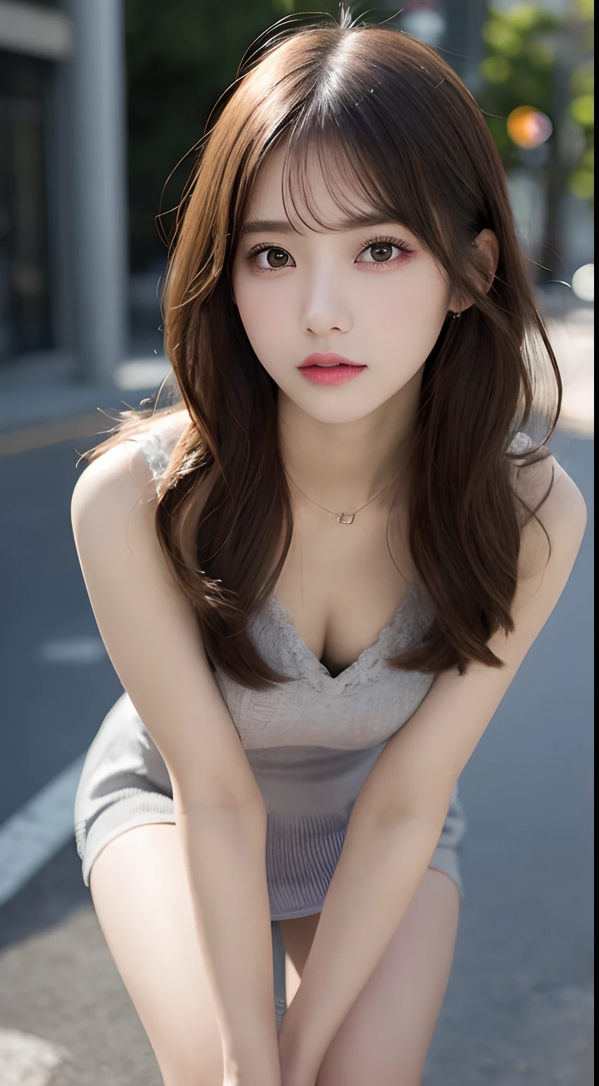 finely detail, hight resolution, hightquality、Perfect dynamic composition, Beautiful detailed eyes, Medium Hair, small tits、Natural Color Lip,Kamimei、Shibuya、20 years girl、1 persons、Transparent skin、Glowing hair、masutepiece, Best Quality, Illustration, Ultra-detailed, finely detail, hight resolution, 8K、The correct state of the human body、Crouch down、pretty pose,dishevled hair,beauty legs,Perfect beautiful face,KPOP Idol Face