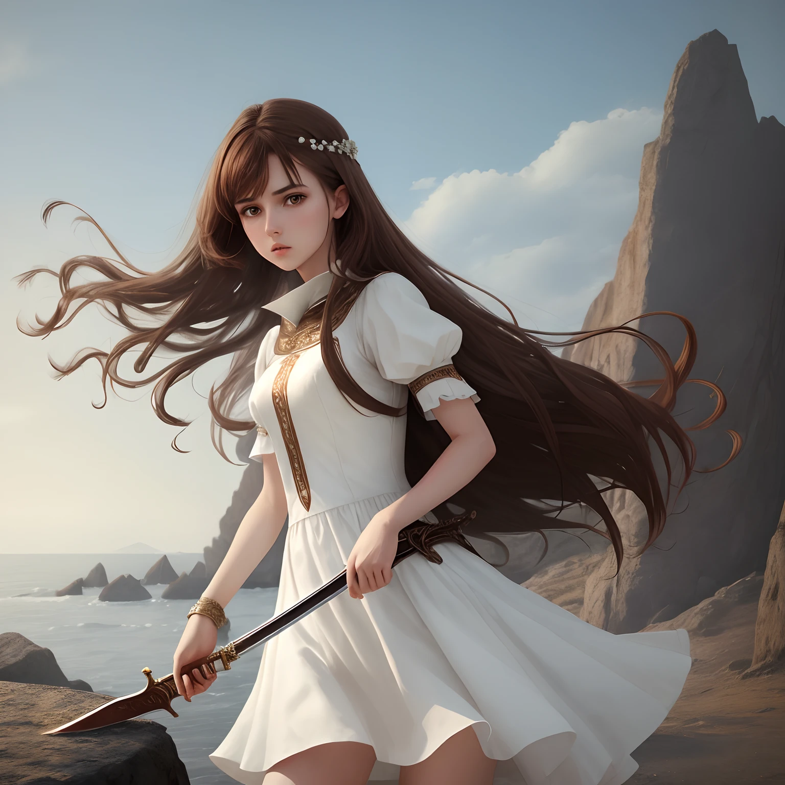 Slender girl with brown hair, Dressed in a white dress, Standing with a sword on a rock. high picture quality, Detailed Details.