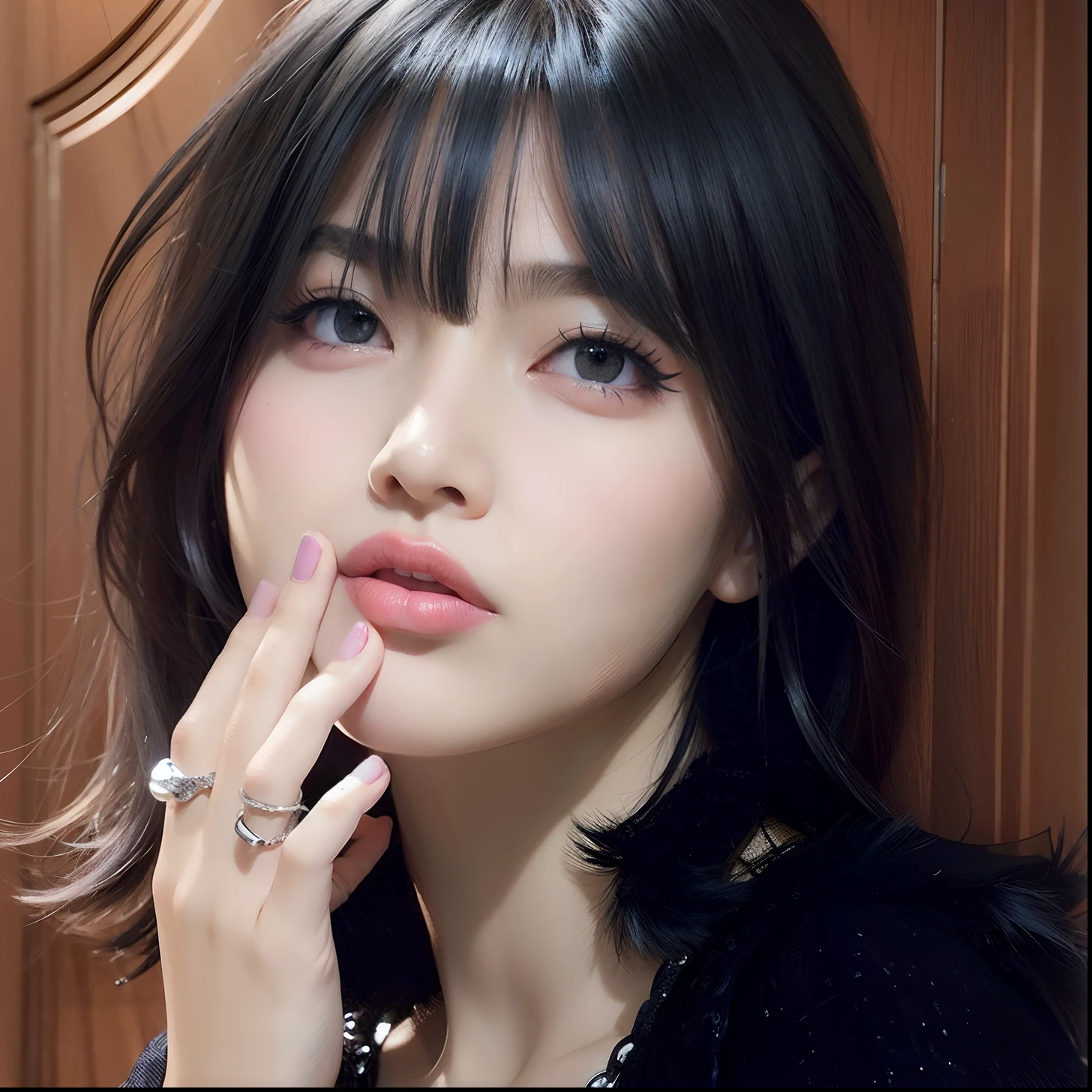 Woman with a tattoo on her arm and a necklace, cruel korean goth girl, Ulzzang, com cabelos curtos, Ela tem cabelo preto com franja, 🤤 retrato da menina, Jinyoung Canela, com cabelo curto com franja, menina coreana, preto hime corte cabelo, 18 anos, goth girl aesthetic, 19-year-old girl