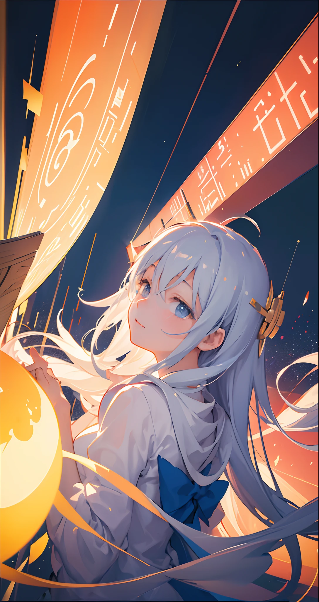 masterpiece、top-quality、Movie stills、One girl、Floating in the night sky、(a closeup:1.1)、with light glowing、Happiness、A delightful、Soft lighting、(Bauhaus、form、Line、abstracted:1.1)、nigh sky、stele、natta