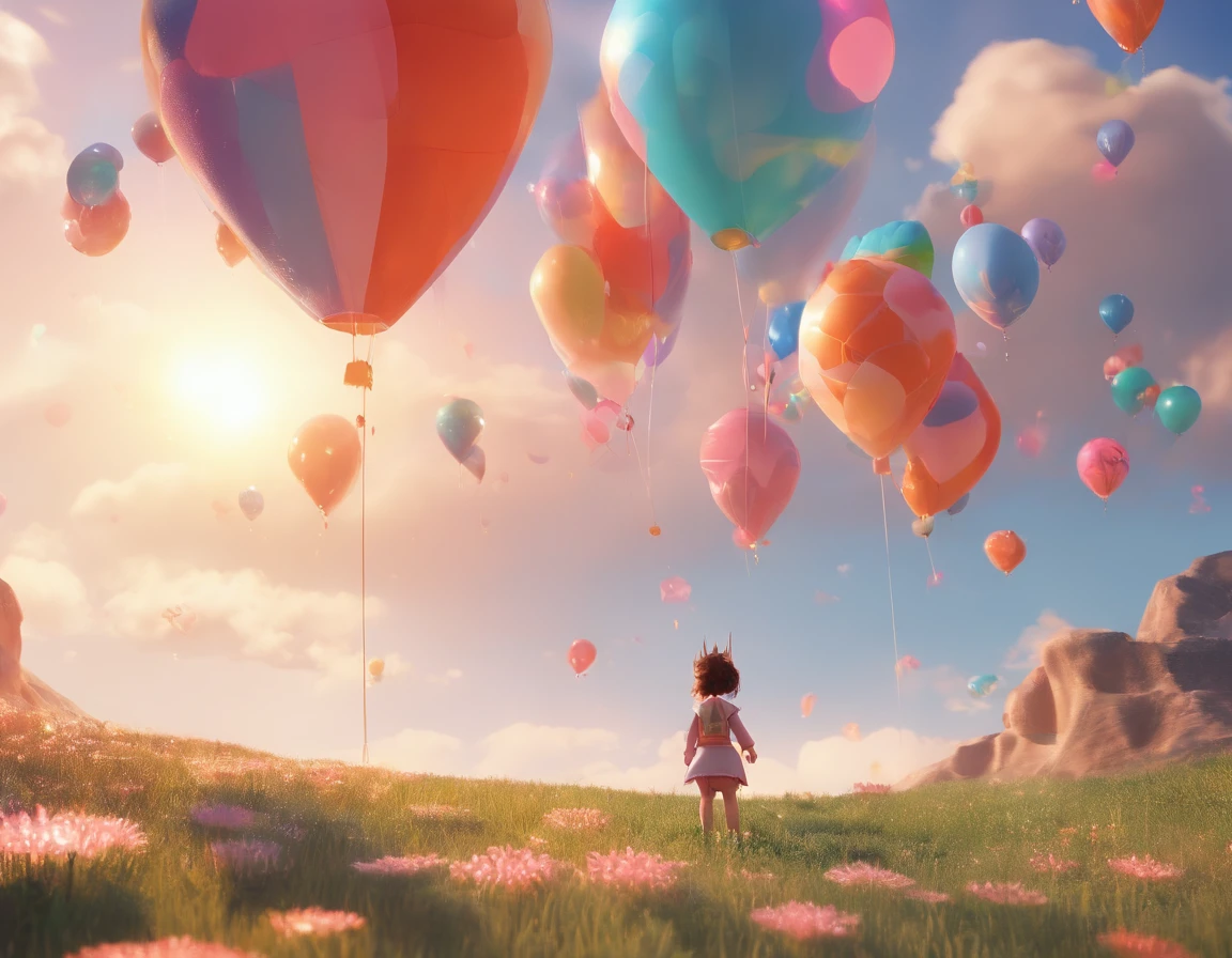 Depict the world through the eyes of a baby：1.5，tiara crown、Hydrogen balloons、Runway circles and clouds，Artistic sense、Beauty Feeling、Futuristic，succinct、Childlike、The tones are pastel，softness，lithe、freely
Think back to your childhood，Have you ever had such a wish？？？？？？？？？？??sudden，a door opened，You walk in，A magical light begins to envelop your surroundings, Another imaginative fantasy world。Put on your crown，Become an adventurous elf，Carry a hydrogen balloon that symbolizes freedom, In a world full of extraordinary imagination, Everything may not conform to the laws of physics，But everything is even more incredible。Clouds are candies sold at Sky Grocery stores，Meteors are fireworks released by Santa Claus，Run along the runway，The wind will also give way to you