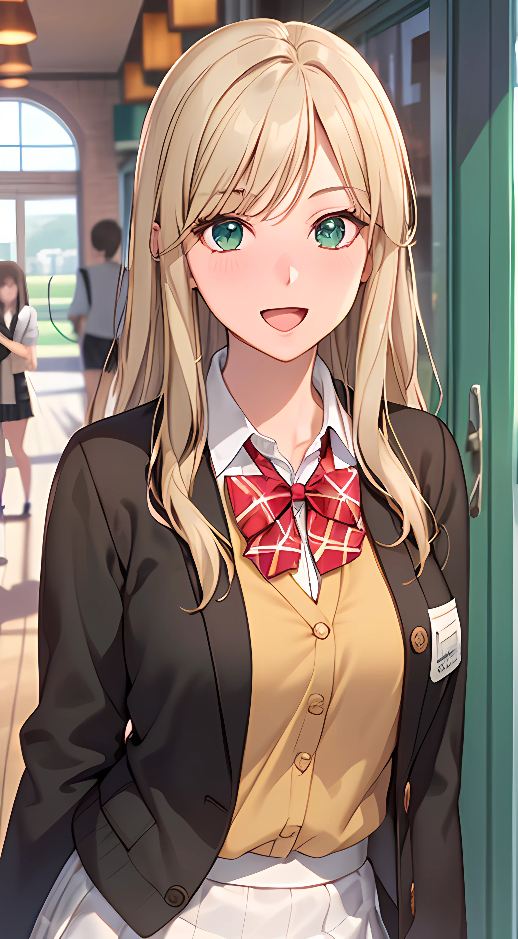 ((masterpiece, best quality, highres, UHD, perfect pixel, depth of field, 4k, RTX, HDR))), 1girl, single, solo, beautiful anime girl, beautiful artstyle, anime character, ((long hair, parted bangs, blonde hair)), (green eyes:1.4, rounded eyes, beautiful eyelashes, realistic eyes), (detailed face, blushing:1.2), (smooth texture:0.75, realistic texture:0.65, photorealistic:1.1, anime CG style), medium breasts, dynamic angle, perfect body, (red bowtie, school uniform, black jacket, open jacket, brown cardigan, white shirt), ((black skirt:1.5, plaid skirt)), smile, open mouth, (leaning forward, hands behind back), amusement park