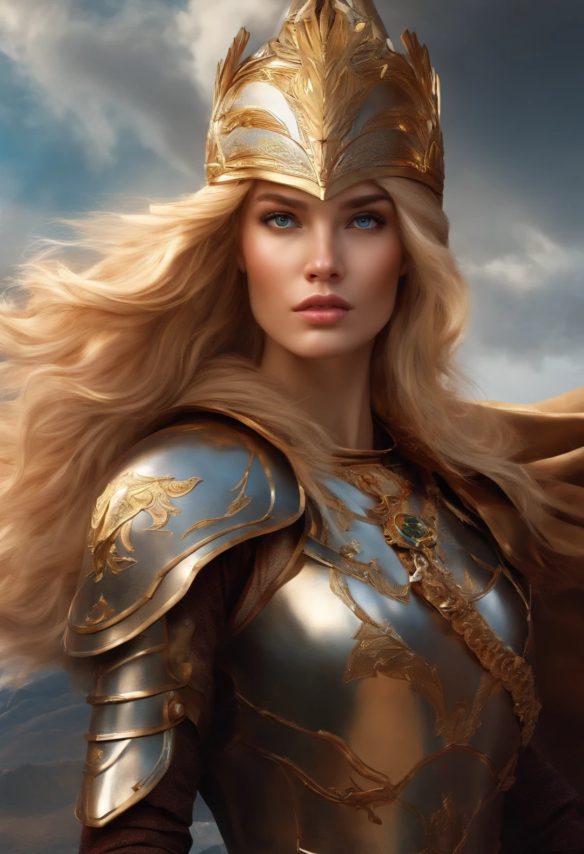 "The masterpiece, 16k, best quality, illustration, earth, water, fire, wind, space, 1 beautiful girl, blonde hair, stunning lock of hair, shiny armor, eagle helmet, gorgeous face, scarf, paper cutting, NSFW"