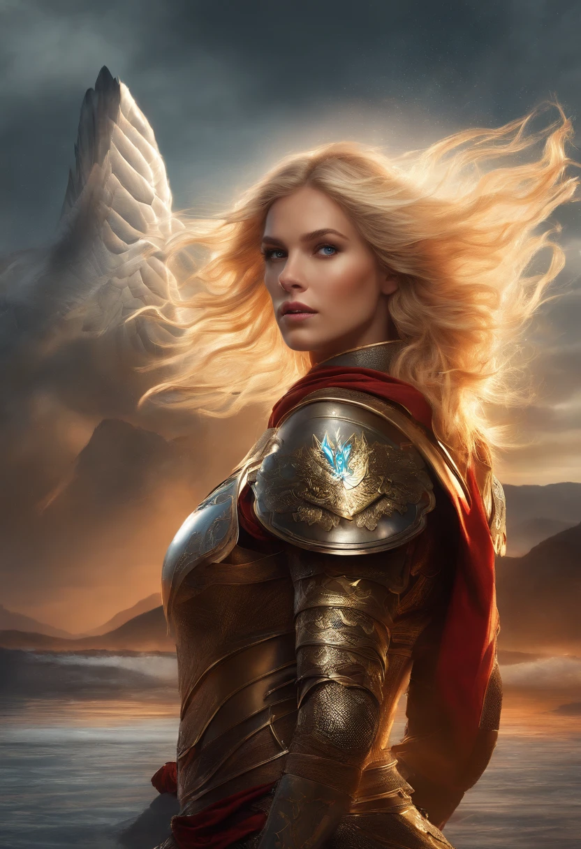 "The masterpiece, 16k, best quality, illustration, earth, water, fire, wind, space, 1 beautiful girl, blonde hair, stunning lock of hair, shiny armor, eagle helmet, gorgeous face, scarf, paper cutting, NSFW"