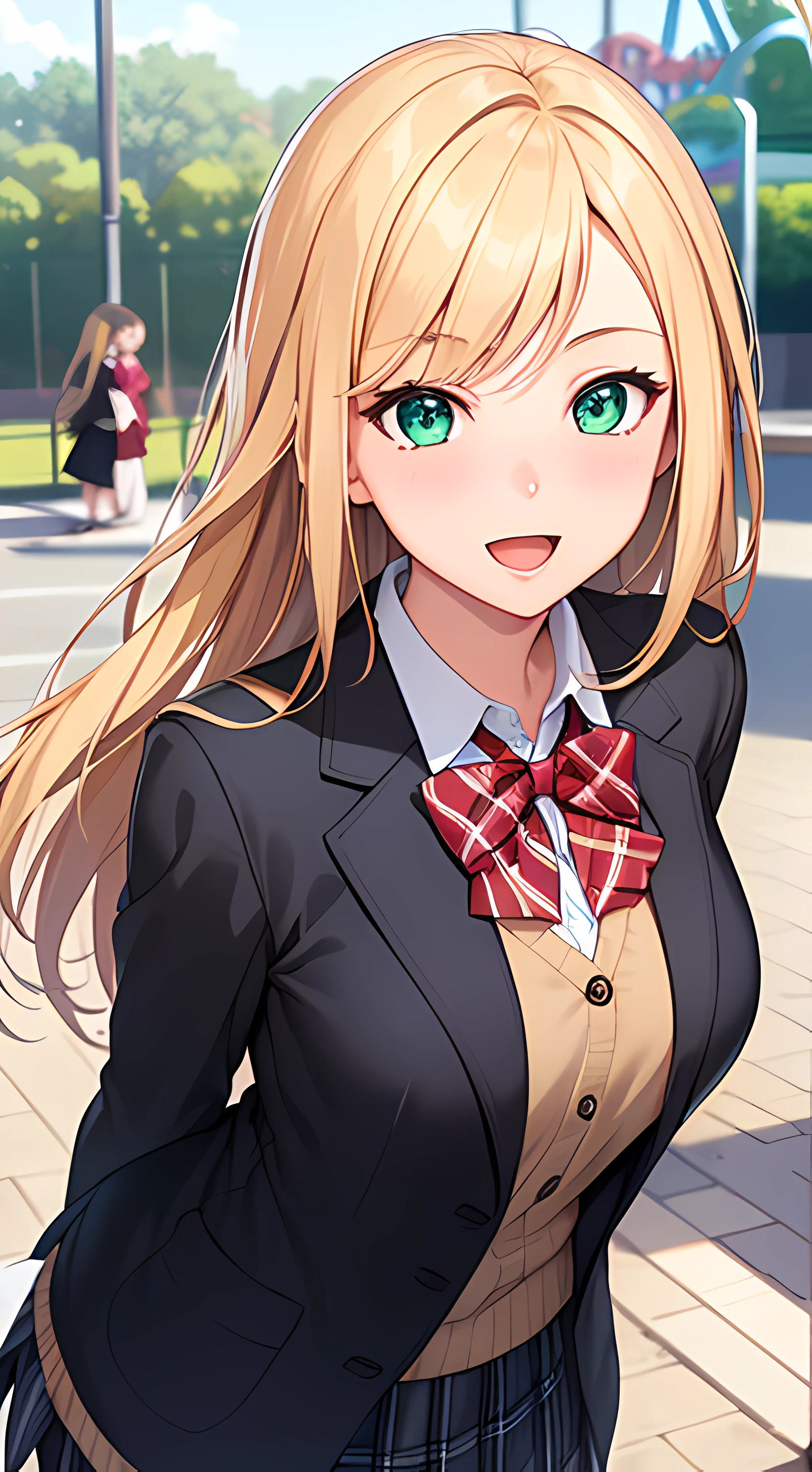 ((masterpiece, best quality, highres, UHD, perfect pixel, depth of field, 4k, RTX, HDR))), 1girl, single, solo, beautiful anime girl, beautiful artstyle, anime character, ((long hair, parted bangs, blonde hair)), (green eyes:1.4, rounded eyes, beautiful eyelashes, realistic eyes), (detailed face, blushing:1.2), (smooth texture:0.75, realistic texture:0.65, photorealistic:1.1, anime CG style), medium breasts, dynamic angle, perfect body, (red bowtie, school uniform, black jacket, open jacket, brown cardigan, white shirt), ((black skirt:1.5, plaid skirt)), smile, open mouth, (leaning forward, hands behind back), amusement park