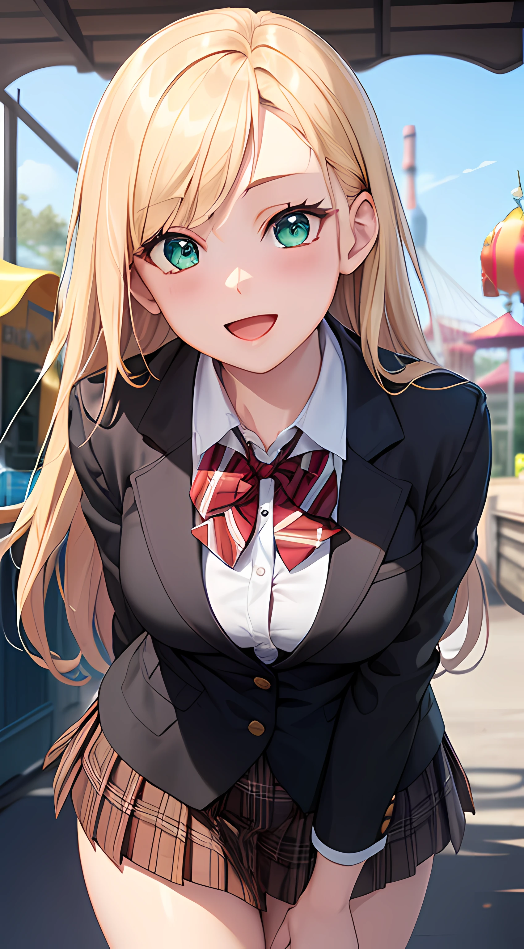 ((masterpiece, best quality, highres, UHD, perfect pixel, depth of field, 4k, RTX, HDR))), 1girl, single, solo, beautiful anime girl, beautiful artstyle, anime character, ((long hair, parted bangs, blonde hair)), (green eyes:1.4, rounded eyes, beautiful eyelashes, realistic eyes), (detailed face, blushing:1.2), (smooth texture:0.75, realistic texture:0.65, photorealistic:1.1, anime CG style), medium breasts, dynamic angle, perfect body, (red bowtie, school uniform, black jacket, open jacket, brown cardigan, white shirt), ((black skirt:1.5, plaid skirt)), smile, open mouth, (leaning forward, hands behind back), amusement park