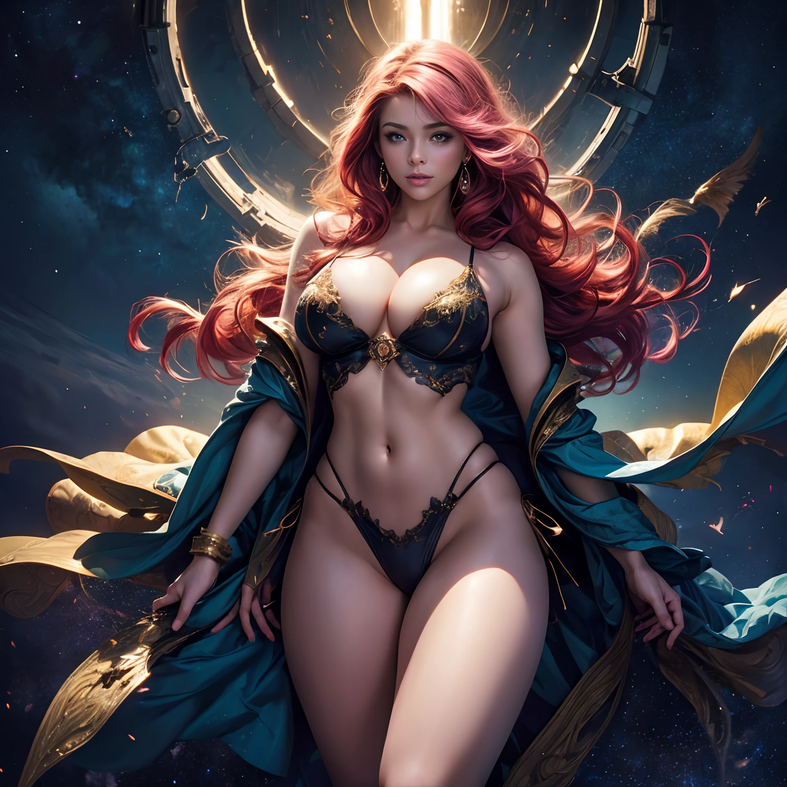 Beautiful digital artwork, fantasy gorgeous lighting, gorgeous digital art, stunning digital illustration, digital fantasy art, 3D rendering character art 8K, high resolution, detailed digital art, graceful fantasy, nsfw, 1girl, gentle smile, Cowboy shot, seven head length balanced figure, perfect growth, beautiful curves, sexy, pink hair, curly long hair, woman with shining light, beautiful face, detailed face, perfect Beautiful proportions, huge breasts, thin waist, navel, big butt, beautiful swollen buttocks, gap between the legs, thighs, long legs, yellow dress, robe with translucent cape, floating in space, (terrible wind: 1.7), (Hair and clothes are messy: 1.7), Skin is exposed, Sexy, Background is space, Darkness, Lots of stars, Background is blurred, Light from the front, Light on face,