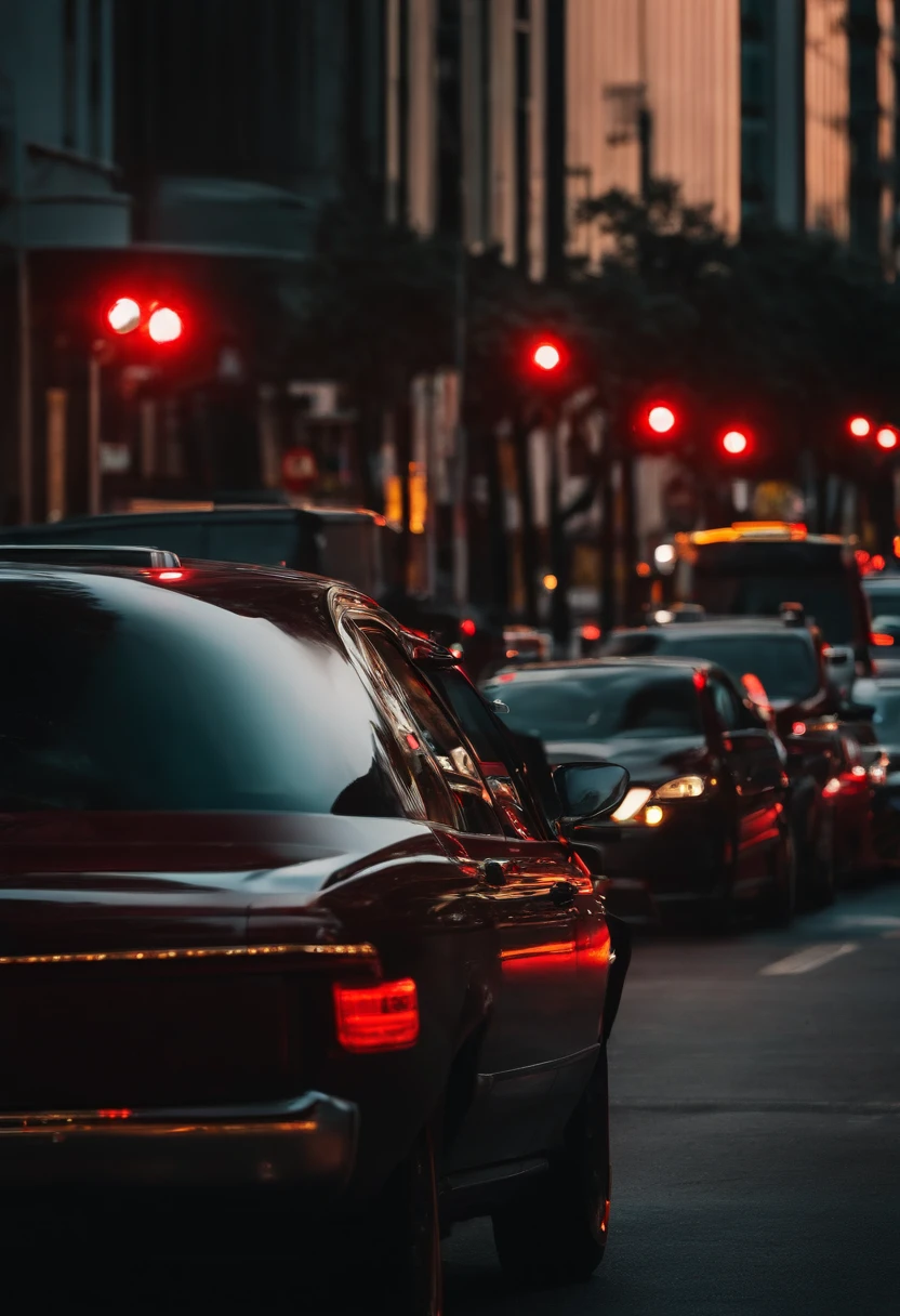 City Road,Many cars lined up waiting for the red light,The taillights look like an L from a distance