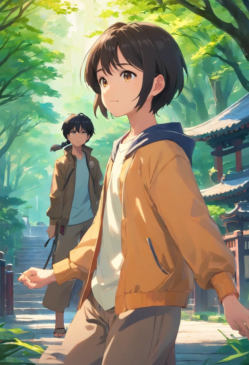 china style、Dark、The weather is sunny,The place is a park、Playing、Bright atmosphere、Handsome 5 boy with black hair、Dressed by Indiana Jones、By Shinkai Makoto、The face is Western-style、Blonde 8 year old