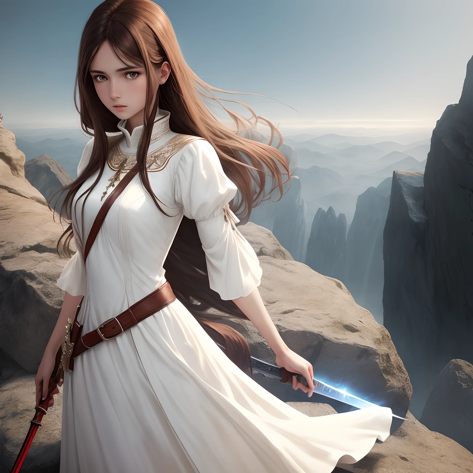 Slender girl with brown hair, Dressed in a white dress, Standing with a sword on a rock. high picture quality, full detailed.