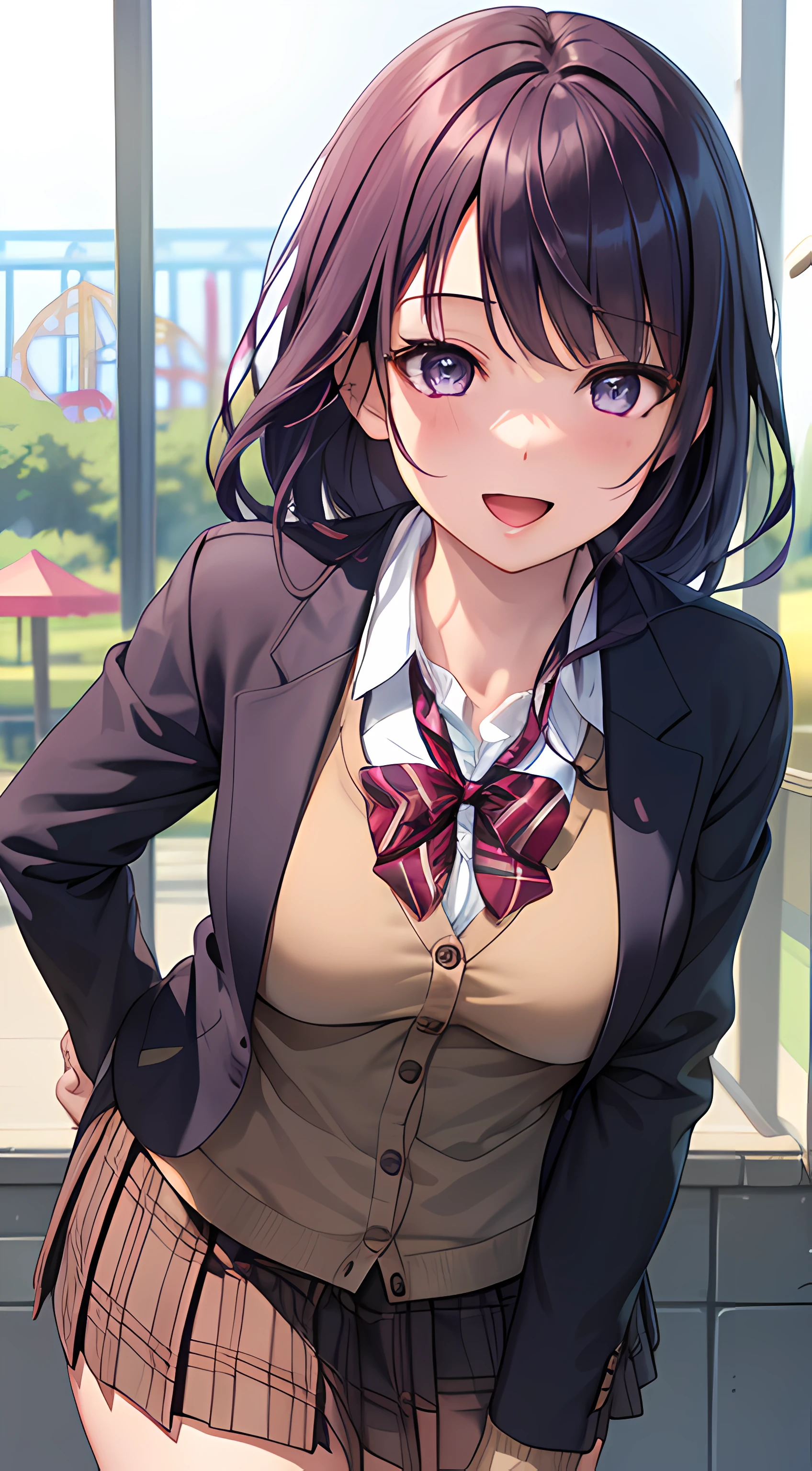 ((masterpiece, best quality, highres, UHD, perfect pixel, depth of field, 4k, RTX, HDR))), 1girl, single, solo, beautiful anime girl, beautiful artstyle, anime character, ((long hair, bangs, purpl hair)), (purple eyes:1.4, rounded eyes, beautiful eyelashes, realistic eyes), (detailed face, blushing:1.2), (smooth texture:0.75, realistic texture:0.65, photorealistic:1.1, anime CG style), medium breasts, dynamic angle, perfect body, (red bowtie, school uniform, black jacket, open jacket, brown cardigan, white shirt), ((black skirt:1.5, plaid skirt)), smile, open mouth, (leaning forward, hands behind back), amusement park