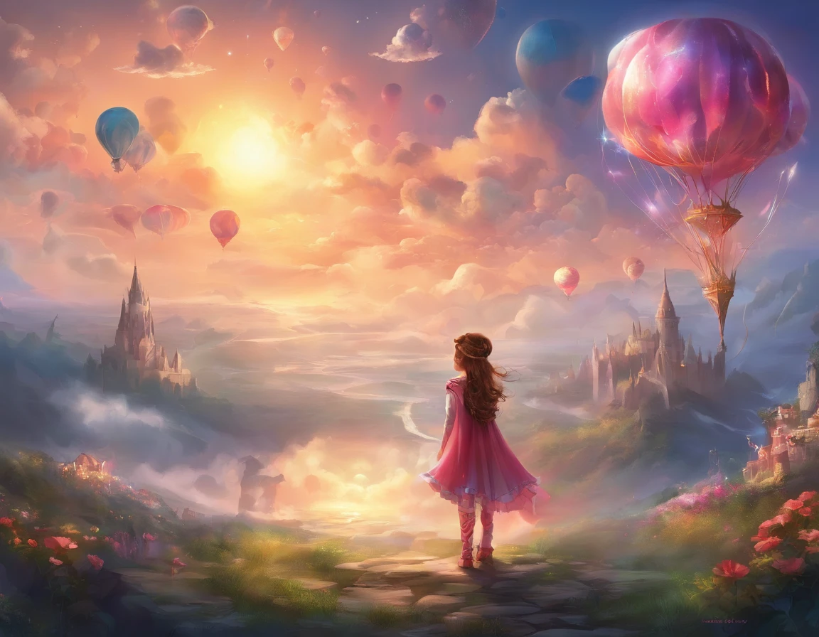 Depict the world through the eyes of a baby：1.5，tiara crown、Hydrogen balloons、Runway circles and clouds，Artistic sense、Beauty Feeling、Futuristic，succinct、Childlike、The tones are pastel，softness，lithe、freely
Think back to your childhood，Have you ever had such a wish？？？？？？？？？？？？??sudden，a door opened，You walk in，A magical light begins to envelop your surroundings, Another imaginative fantasy world。Put on your crown，Become an adventurous elf，Carry a hydrogen balloon that symbolizes freedom, In a world full of extraordinary imagination, Everything may not conform to the laws of physics，But everything is even more incredible。Clouds are candies sold at Sky Grocery stores，Meteors are fireworks released by Santa Claus，Run along the runway，The wind will also give way to you