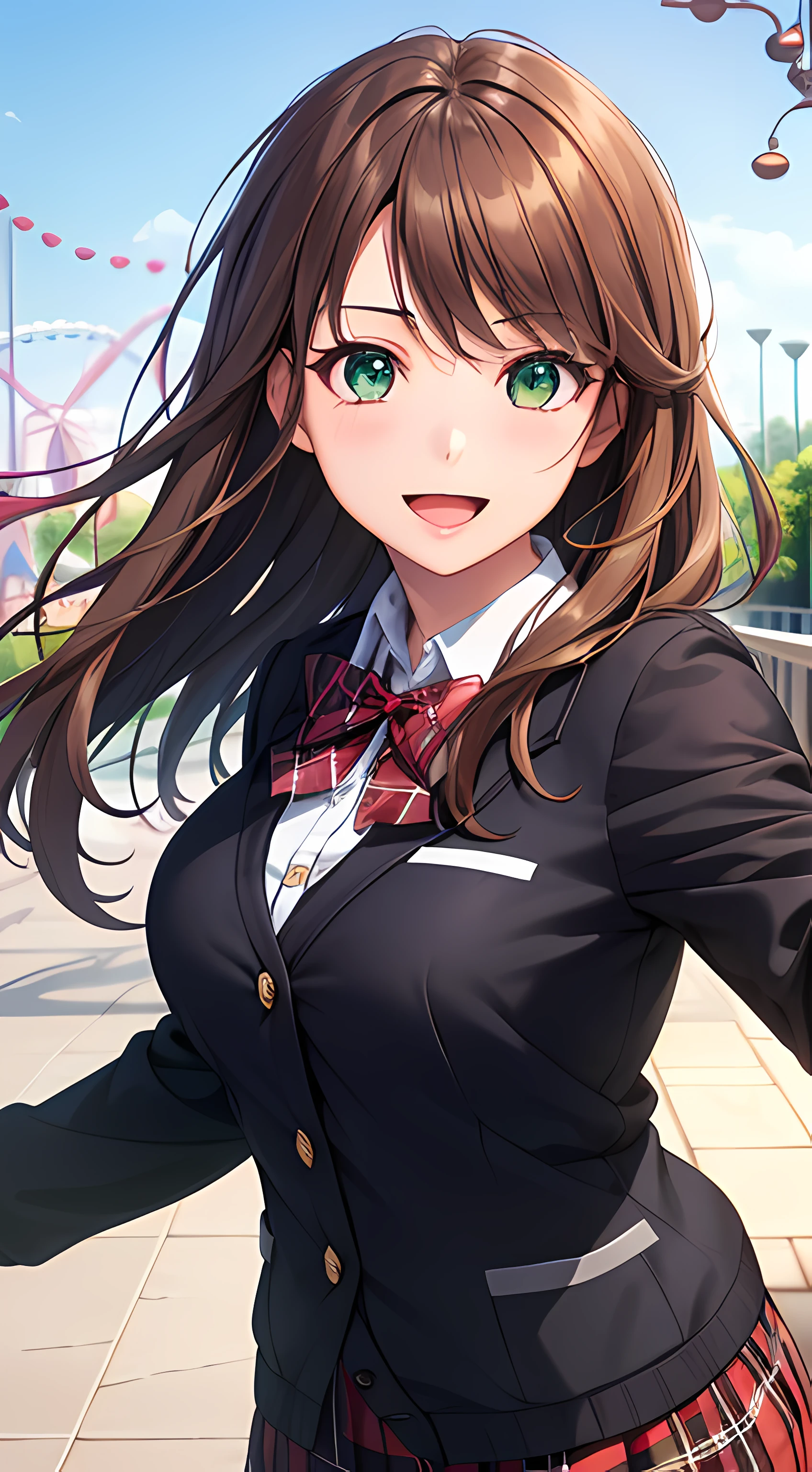 ((masterpiece, best quality, highres, UHD, perfect pixel, depth of field, 4k, RTX, HDR))), 1girl, single, solo, beautiful anime girl, beautiful artstyle, anime character, ((long hair, bangs, brown hair)), (green eyes:1.4, rounded eyes, beautiful eyelashes, realistic eyes), (detailed face, blushing:1.2), (smooth texture:0.75, realistic texture:0.65, photorealistic:1.1, anime CG style), medium breasts, (dynamic angle, dynamic pose:1.4, pov, close up), perfect body, (red bowtie, school uniform, black jacket, open jacket, brown cardigan, white shirt), ((black skirt:1.5, plaid skirt)), smile, open mouth, amusement park