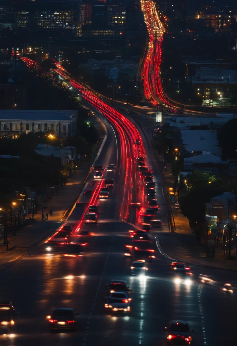 City Road，Many cars lined up waiting for the red light，The taillights form the shape of "ABC123" when viewed from a distance