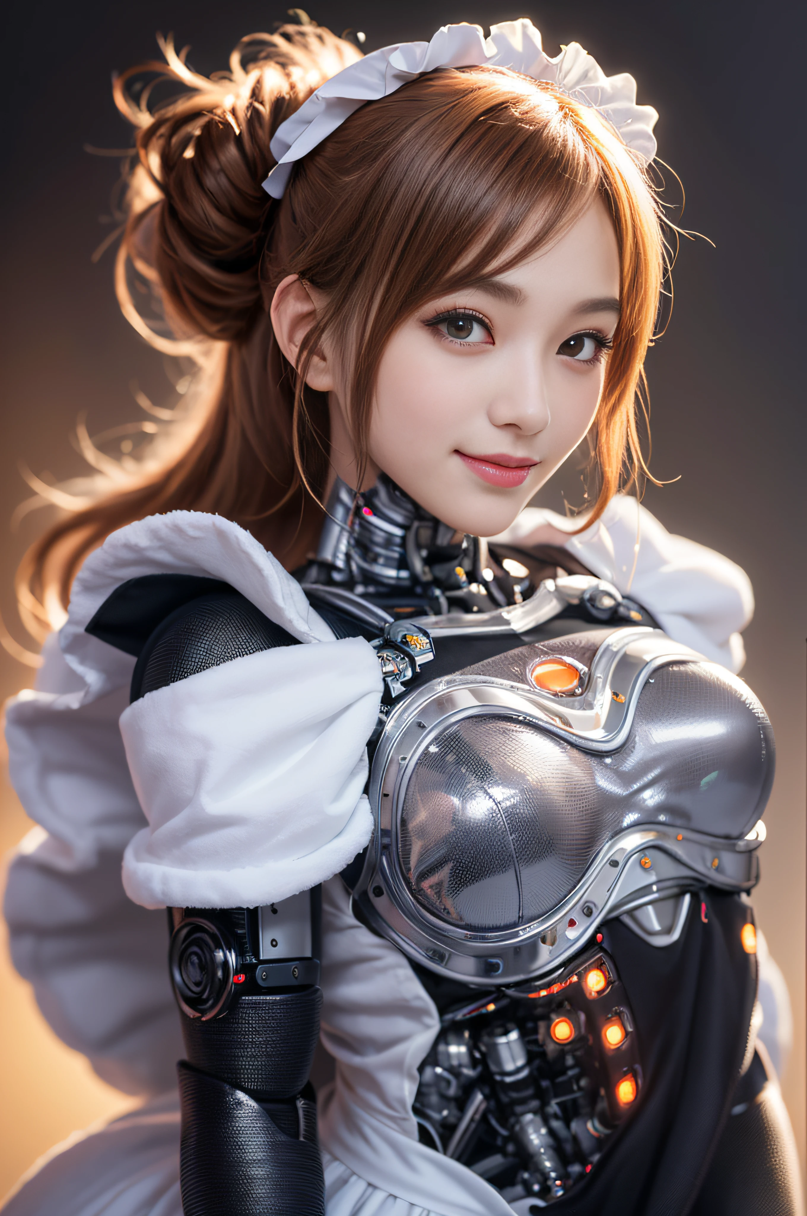 Cybernetic arm and glowing robot cyber girl,(Sheer and revealing costumes:1.3, ),(Maid robot cyber girl in fluffy maid clothes:1.3), (Robot shining behind:1.3),Glossy light brown and orange striped shorthair,Cute smile,Perfect round face,A cheerful smile that makes the viewer happy,Proper body proportion,masutepiece,Super high-quality output images,hight resolution,Intricate details,Hair fluttering in a very delicate and beautiful wind,photos realistic,Dreamy,Professional Lighting,realistic shadow,Solo Focus,Beautiful hands,Beautiful fingers,Detailed finger features,detailed clothes features,Detailed hair features,detailed facial features,