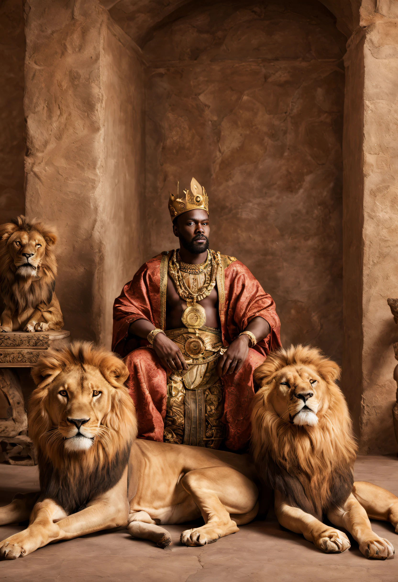 a hyper-realistic image depicting an ancient epic African King in his palace with "one" lion laying by his side. Wearing royal attire. He was surrounded by his warriors and maidens.