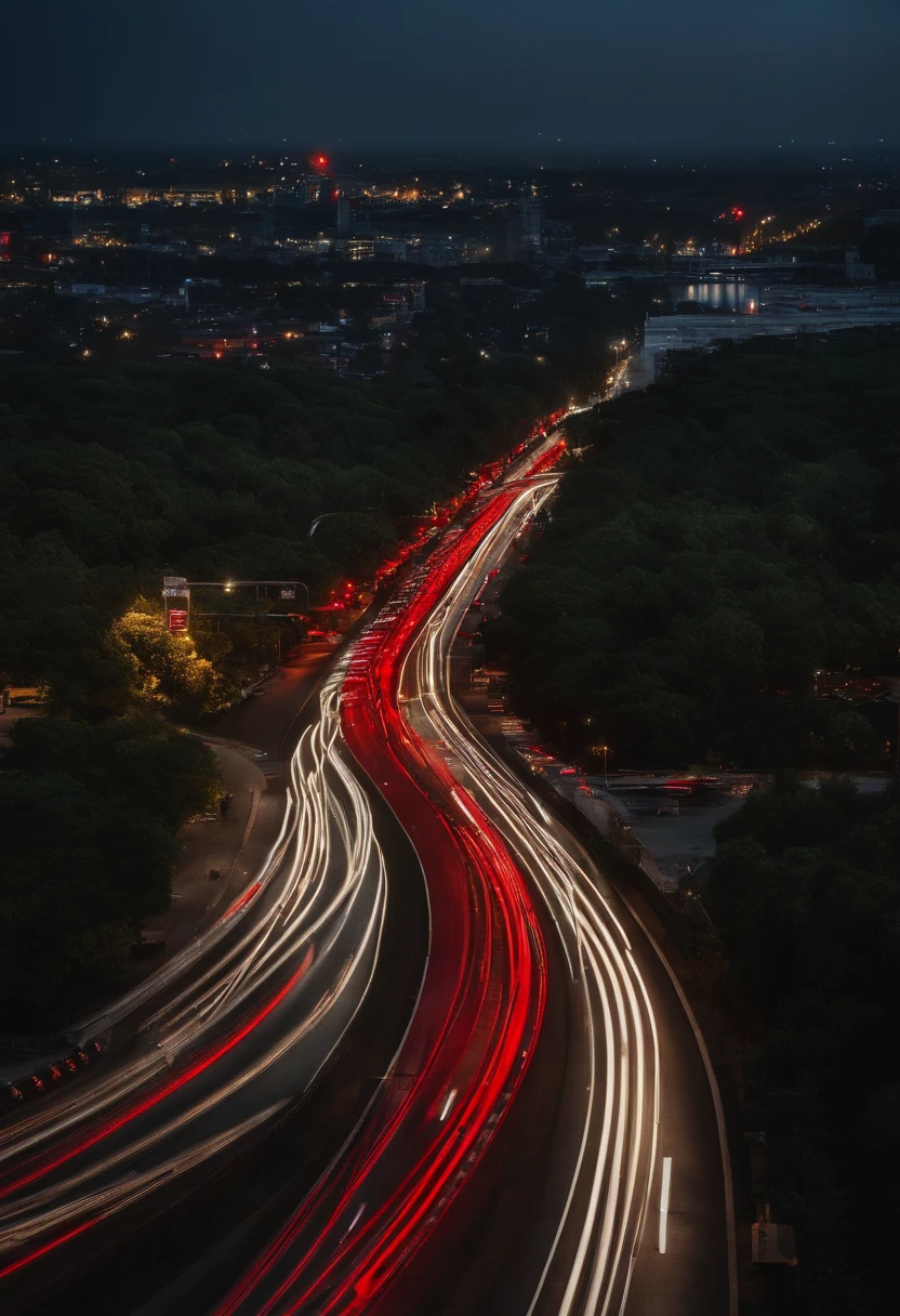 City Road，A lot of cars lined up for the red light，The taillights form the shape of "A" and "B" when viewed from a distance