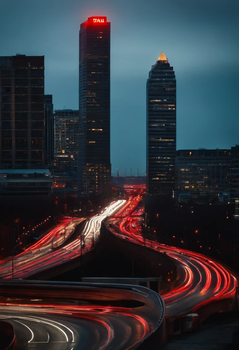 City Road，A lot of cars lined up for the red light，The taillights form the shape of "A" and "B" when viewed from a distance