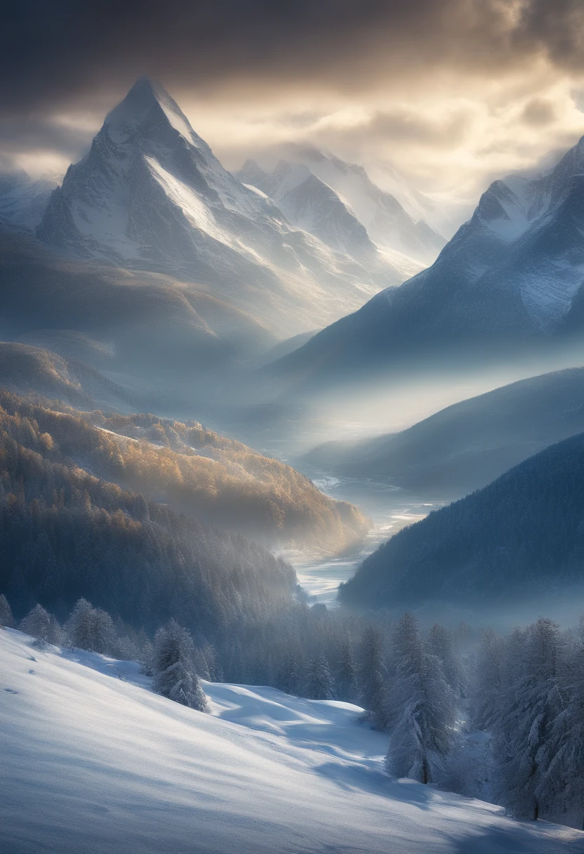 A landscape with snow-capped mountains with the main Norse gods scattered across the image, cores muito brilhantes, light particles, com luz brilhante, Mshiff, Arte do papel de parede, Papel de parede UHD