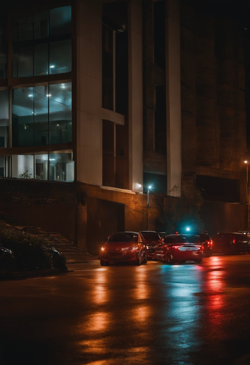 I'm standing on the side of the city road,Nearby streets,Many car parking taillights are either on or not,The shapes of "A" and "B" are formed