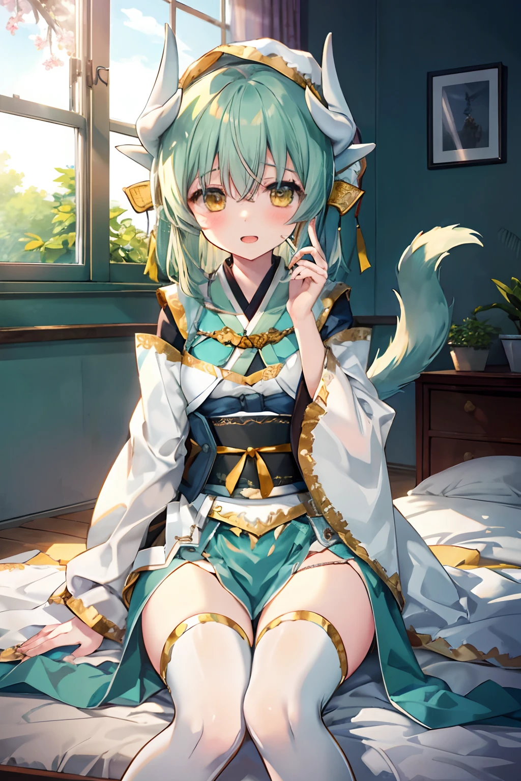 (masterpiece, hyper detailed, best quality, highres, perfect anatomy, super fine illustration, cinematic lighting, caustics, production art, beautiful face, 16K, 32K, kawaii, anime girl:1.2), from below, 1girl, beautiful big anime eye, fox ears, fox tails, kimono, Smiling holding a cup of green tea on the porch of a Japanese wooden houseJapanese room, futon, shoji