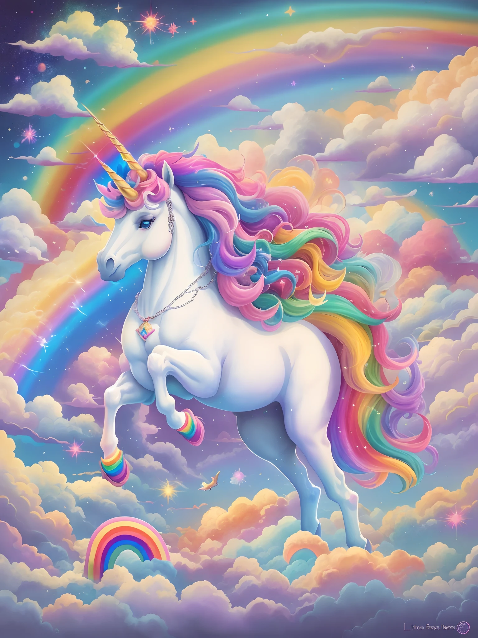 ((There are rainbows in the sky)),Fluffy clouds, bright rainbow nimbus, unicorn, Rainbow, ethereal rainbow nimbus, white unicorn, author:lisa frank, in a lisa frank art style, lisa - frank, bright light masterpiece, beautiful gorgeous digital art