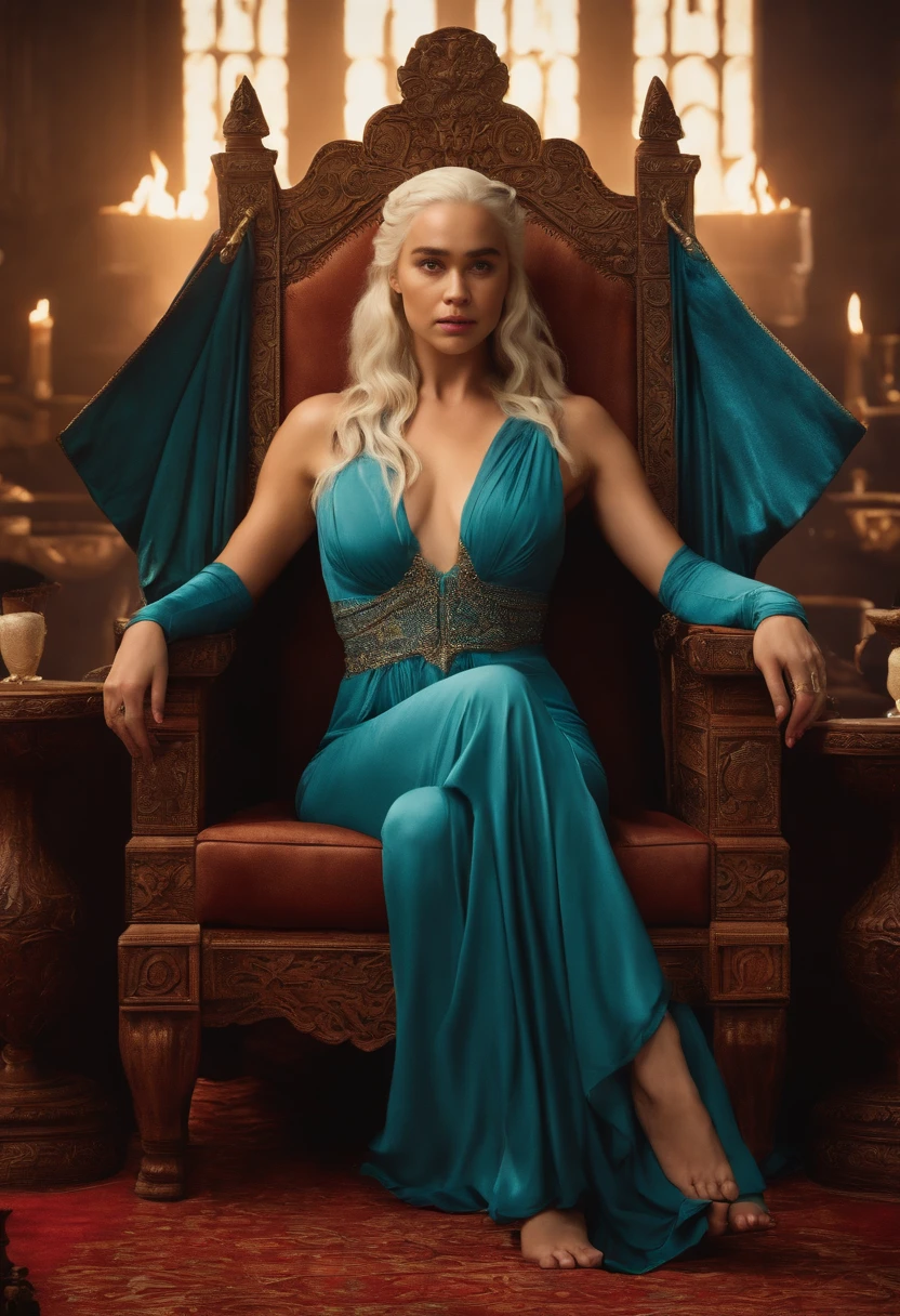 daenerys targaryen barefoot sitting on her throne,