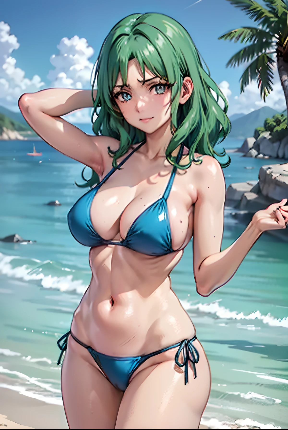 Woman in bikini swimsuit, Anime woman standing on the beach, garments:side-tie bikini, Mare, Anime Aunt, a matural female, A MILF, Beautuful Women, Older, age 40s、MILF, mature, rating:safe, Green Bikini, suns, Michiru Kaio, outdoors, navel, side-tie_bikini, horizon, solo, breasts, Medium Hair Women, Woman with semi-long hair, looking_at_viewer, ocean water, cowboy_shot, Raising arms, armpits, Woman with blue-green hair, cloud, String Bikini, closed_mouth, stomach, Woman with wavy hair, collarbone, blue-sky, thigh_gap, huge tit, arm_behind_head, sand beach, groin, shiny, vague, cleavage, Green Eyed Woman, Blue-eyed woman, lips, bangs, halterneck, ass_visible_through_thighs, shores, Toned body, parted_bangs, smile, shiny_skin, Bare shoulders, bare legs, Bare arms, Woman with very large breasts, contrapposto, thighs, skindentation, shiny_hair, eyebrows_visible_through_hair, hand_behind_head,  breasts_apart, glowing sun, boulders, Turquoise Bikini, blurry, Turquoise green hair, underboob, Clouds in the sky, blush, parted_lips, halter_top, eyelashes,  head_tilt,  On the South Island,