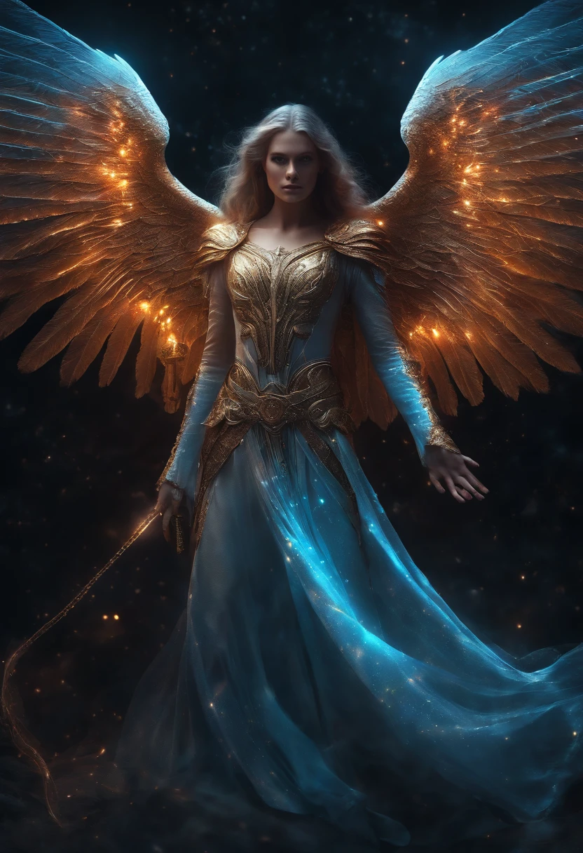 Cosmic Fallen Angel, glowing light eyes, Biomechanical, eerie, Creepy, nightmarish, Very bright colors, Light particles, with light glowing, Mshiv, wallpaper art, UHD wallpaper, Anakyr Skywalker, 15 years, Medieval clothes