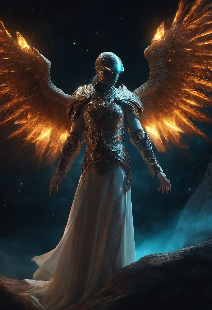 Cosmic Fallen Angel, glowing light eyes, Biomechanical, eerie, Creepy, nightmarish, Very bright colors, Light particles, with light glowing, Mshiv, wallpaper art, UHD wallpaper, Anakyr Skywalker, years, Medieval clothes