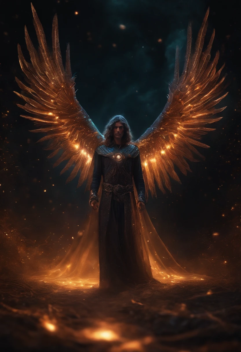 Cosmic Fallen Angel, glowing light eyes, Biomechanical, eerie, Creepy, nightmarish, Very bright colors, Light particles, with light glowing, Mshiv, wallpaper art, UHD wallpaper, Anakyr Skywalker,  years, Medieval clothes
